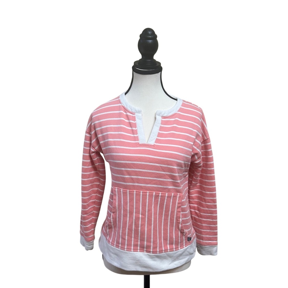 T by Talbots Striped Pullover Sweatshirt Women's Petite P Coral White Pocket